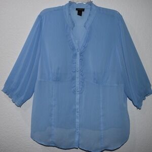 Lane Bryant Babydoll Top Tunic Plus Size 26/28 Light Blue Semi Sheer Ruffle Neck
